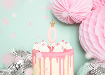 Pink Number 0 Candle with Gold Crown