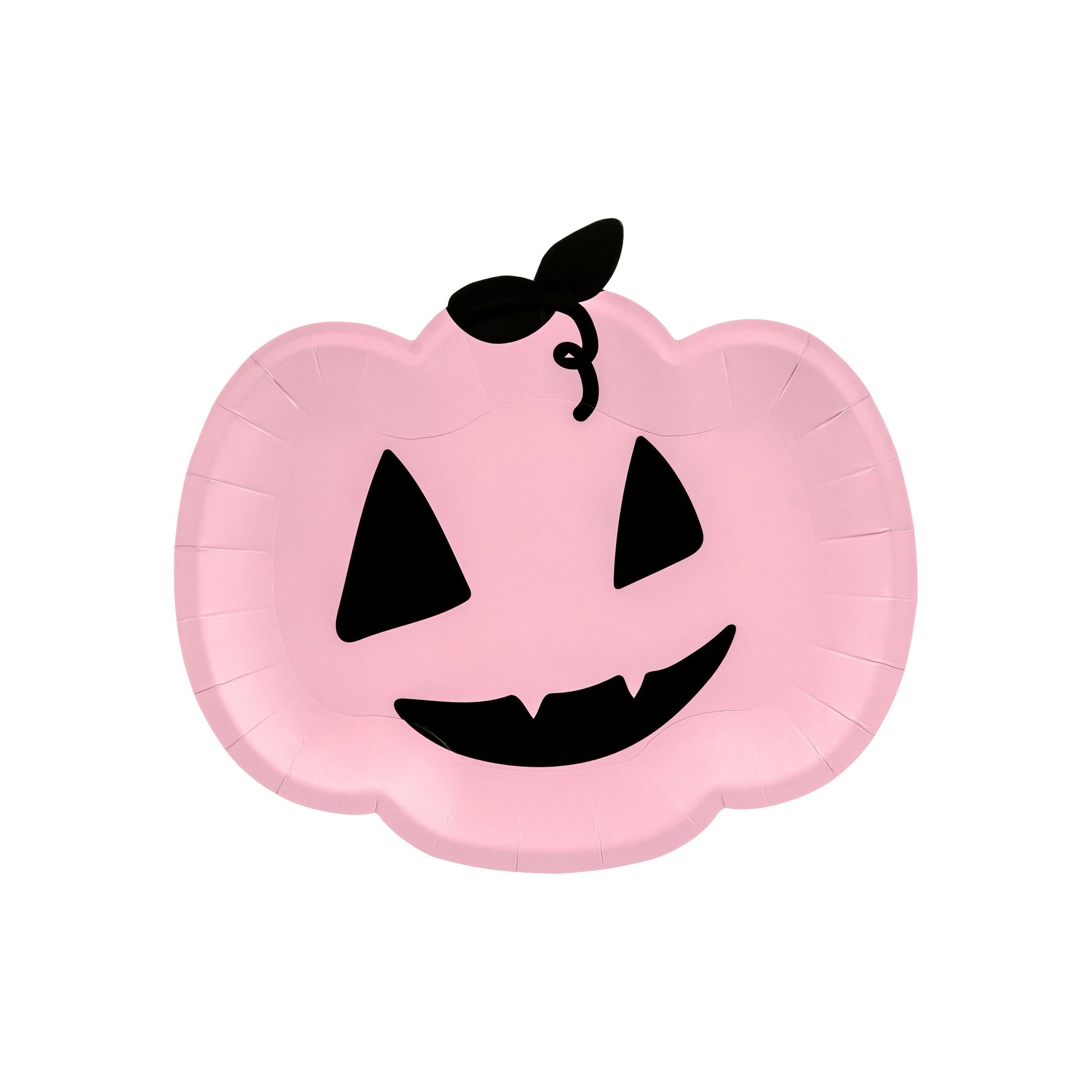 Pink balloon shaped like a pumpkin with a black face on a white background