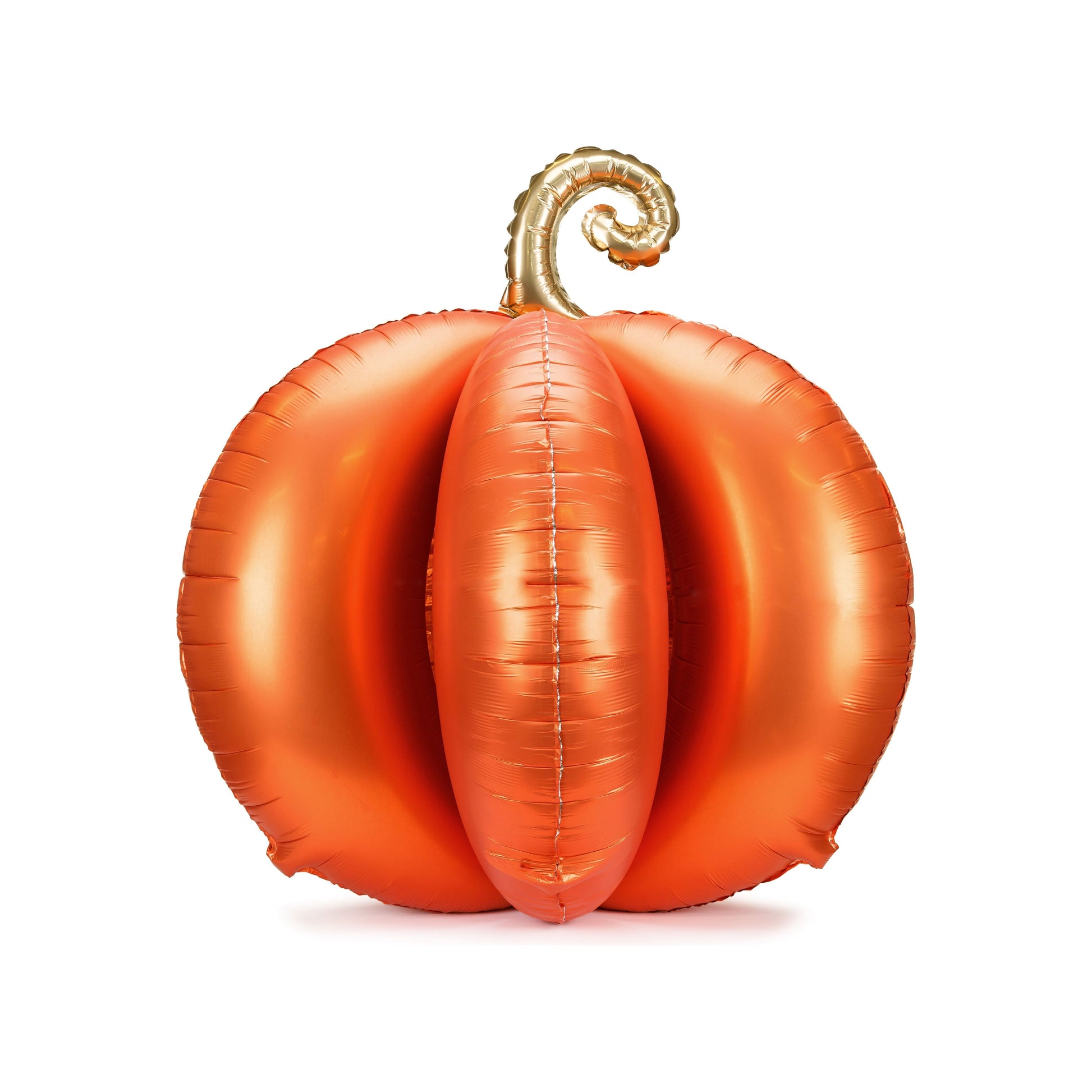 Orange inflatable pumpkin balloon with a gold stem on a white background