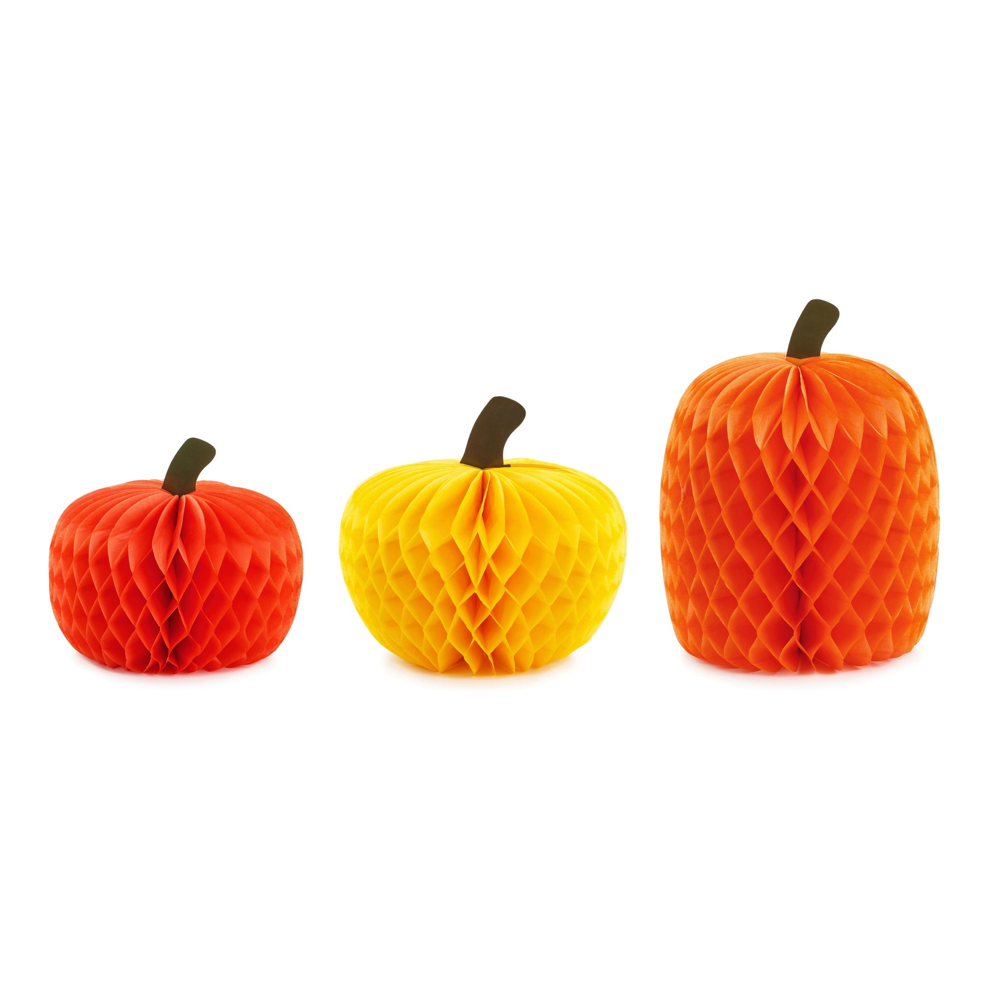 Three honeycomb-style pumpkins in red, yellow, and orange on a white background