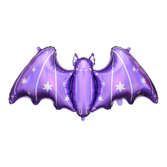 Purple bat-shaped balloon with star patterns on a white background
