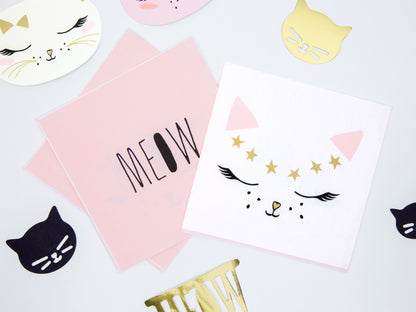 White napkins with cat face, pink ears and gold stars, perfect for kitty party table settings.