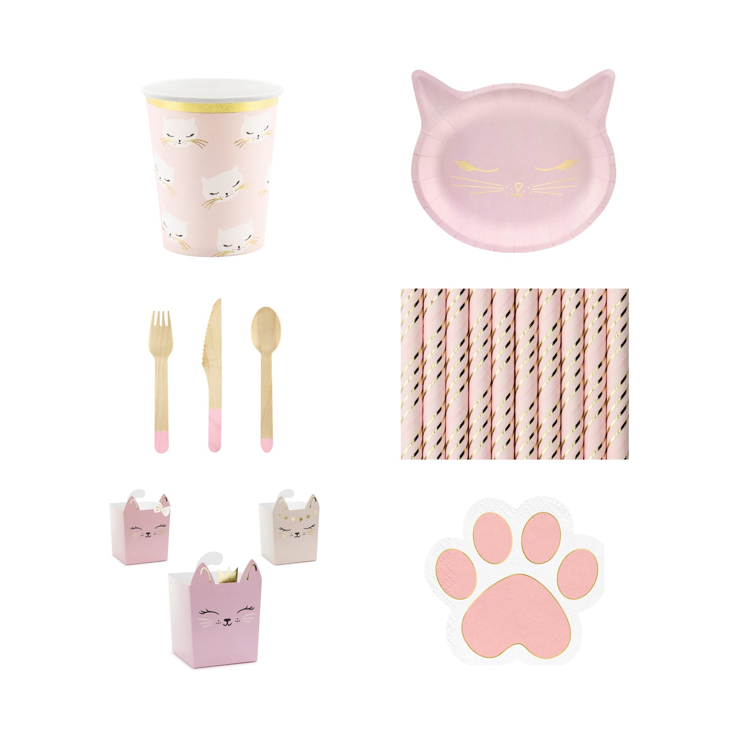 Collection of pink cat-themed party supplies including cups, plates, straws, and cutlery on a white background.