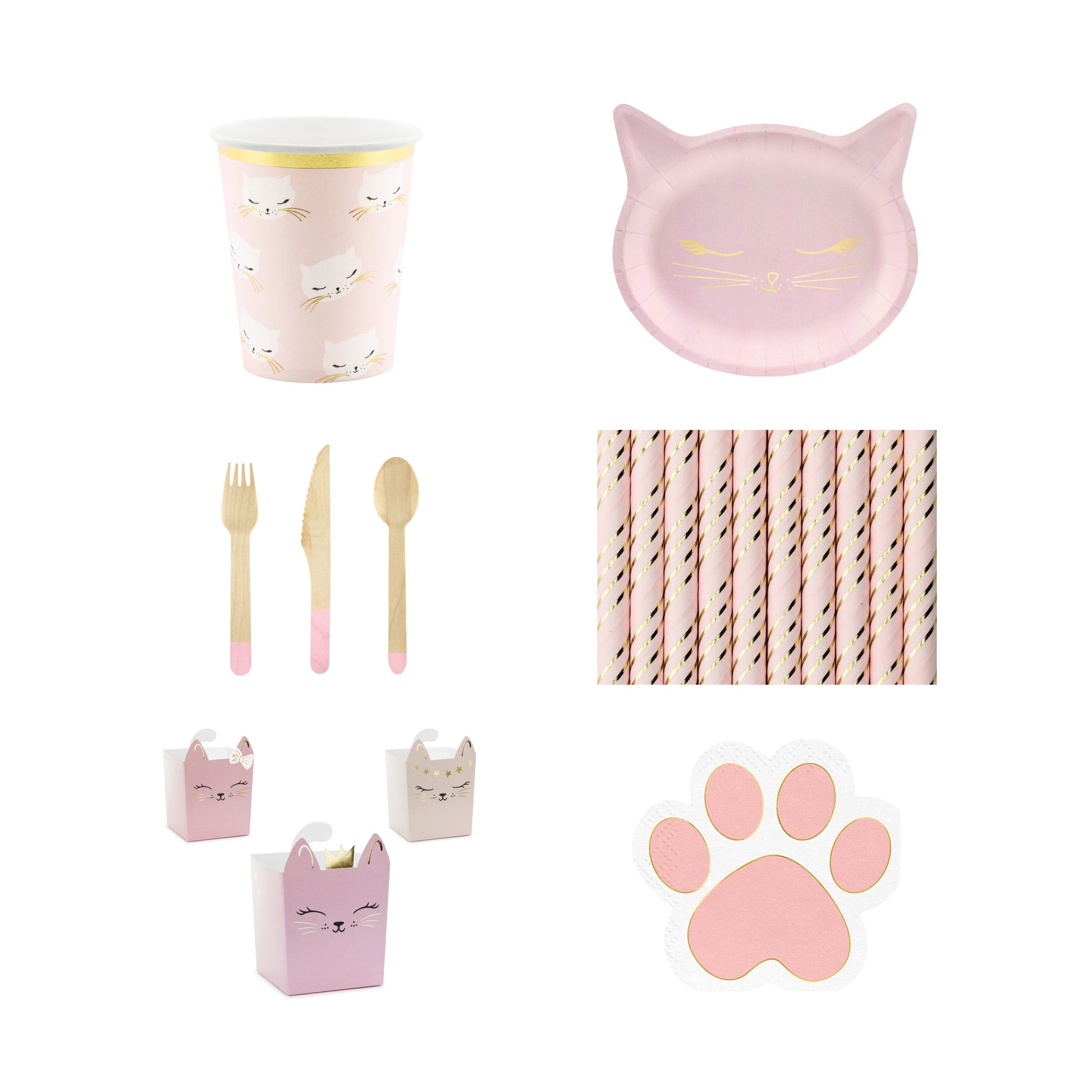 Collection of pink cat-themed party supplies including cups, plates, straws, and cutlery on a white background.