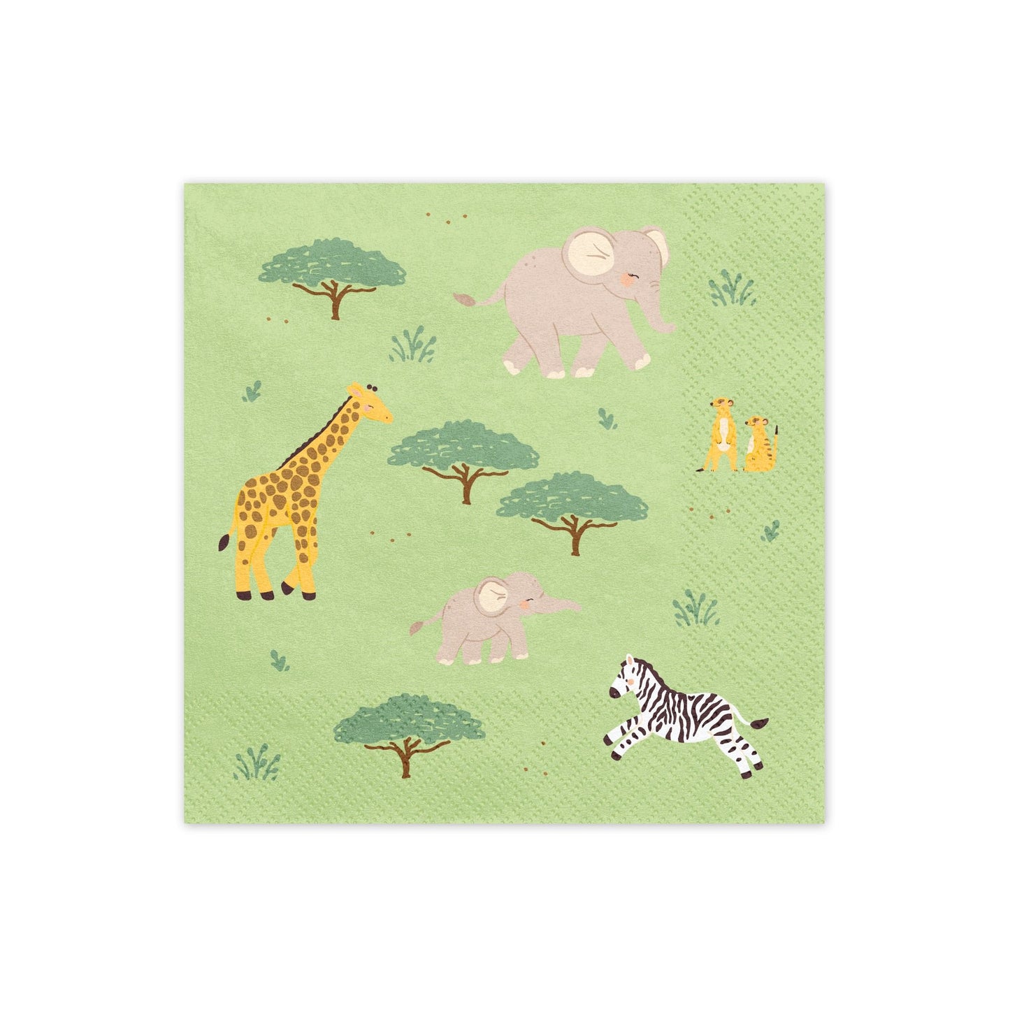 Safari-themed paper napkins with animals and trees on a green background