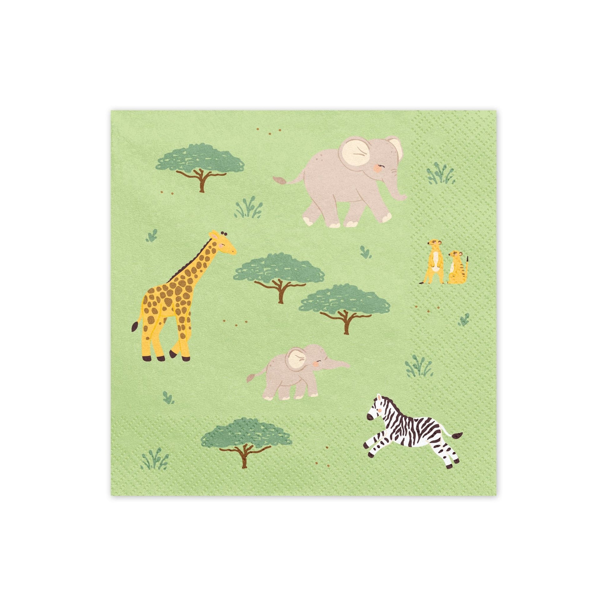 Safari-themed paper napkins with animals and trees on a green background