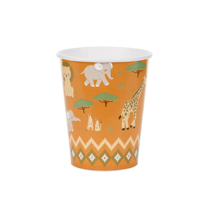 Paper cup with safari animal design on an orange background