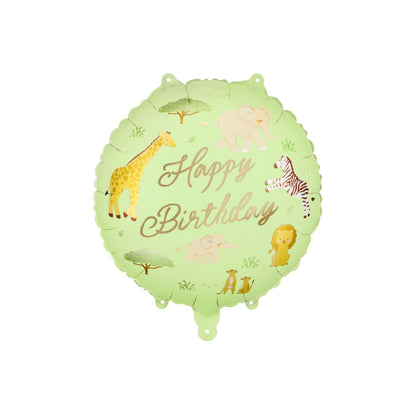 Lime green birthday balloon with safari animals and 'Happy Birthday' text on a white background