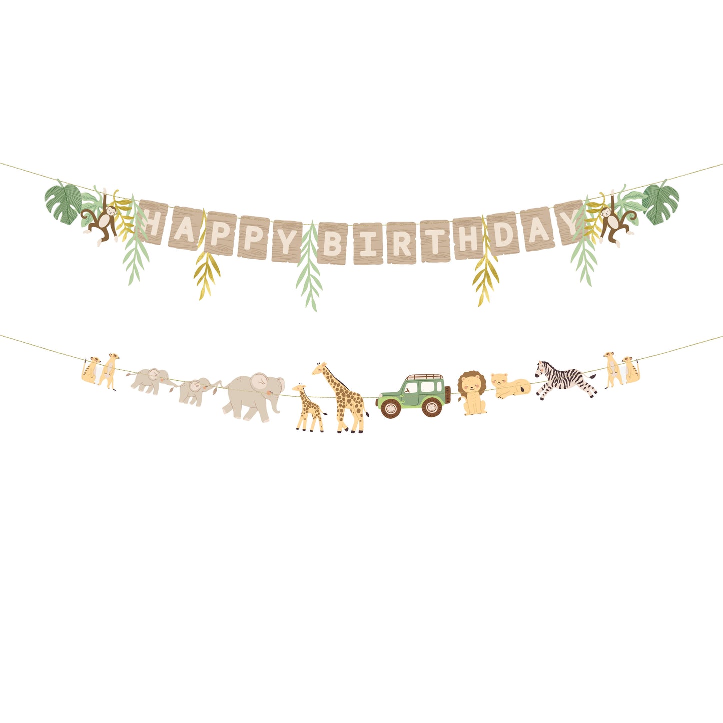 Safari-themed birthday banner with animals and 'Happy Birthday' text on a white background