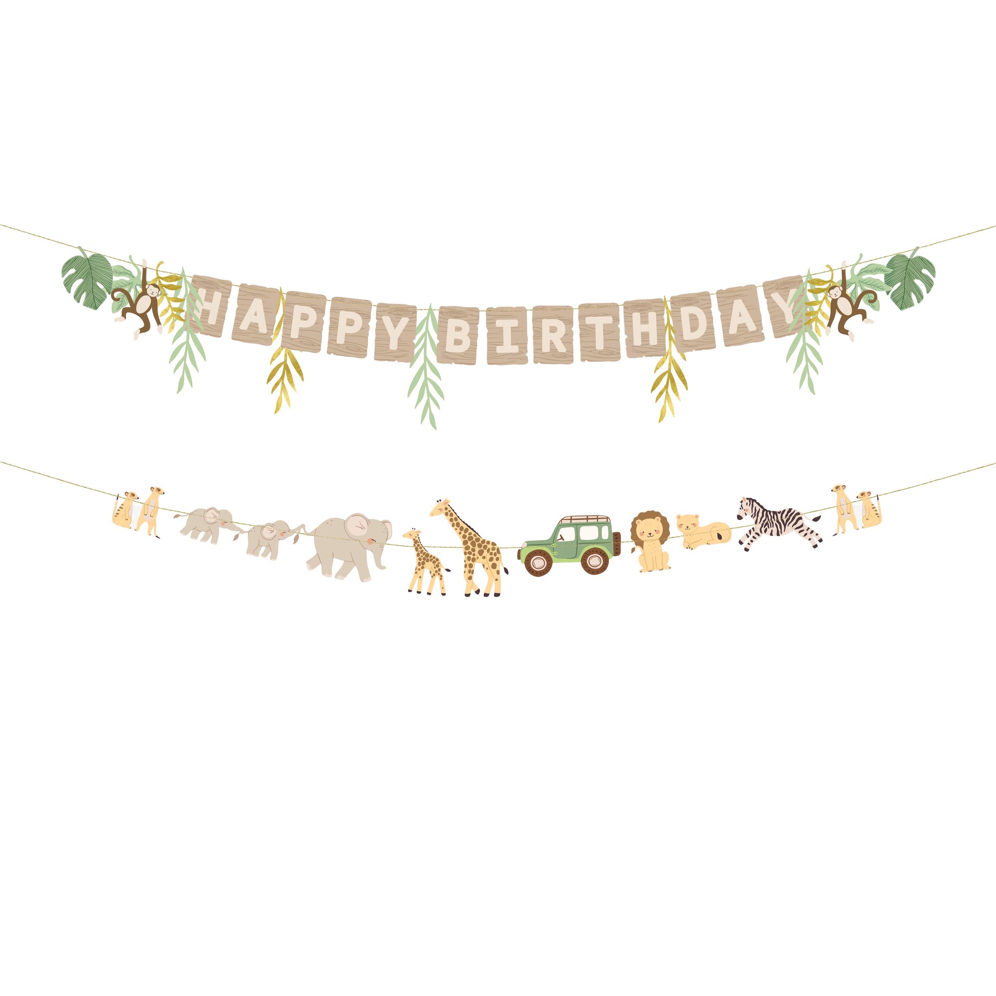 Safari-themed birthday banner with animals and 'Happy Birthday' text on a white background