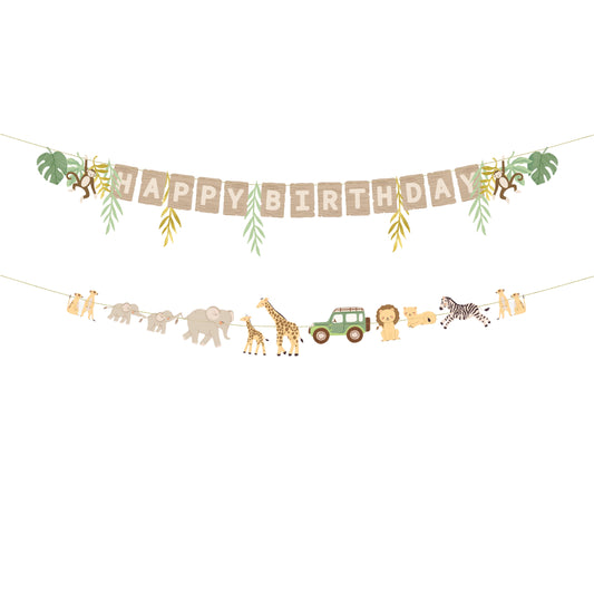 Safari-themed birthday banner with animals and 'Happy Birthday' text on a white background