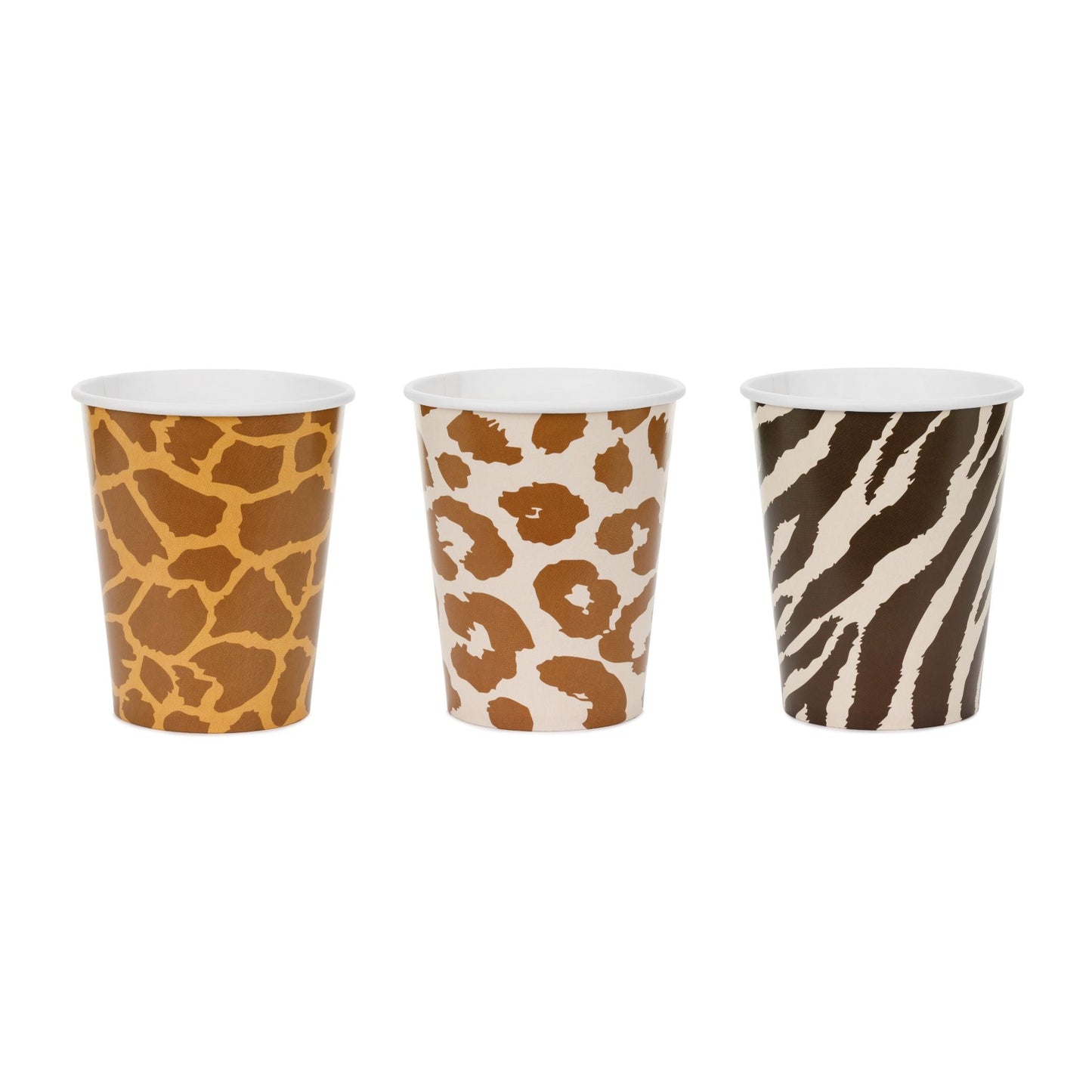 Three paper cups with animal print patterns on a white background