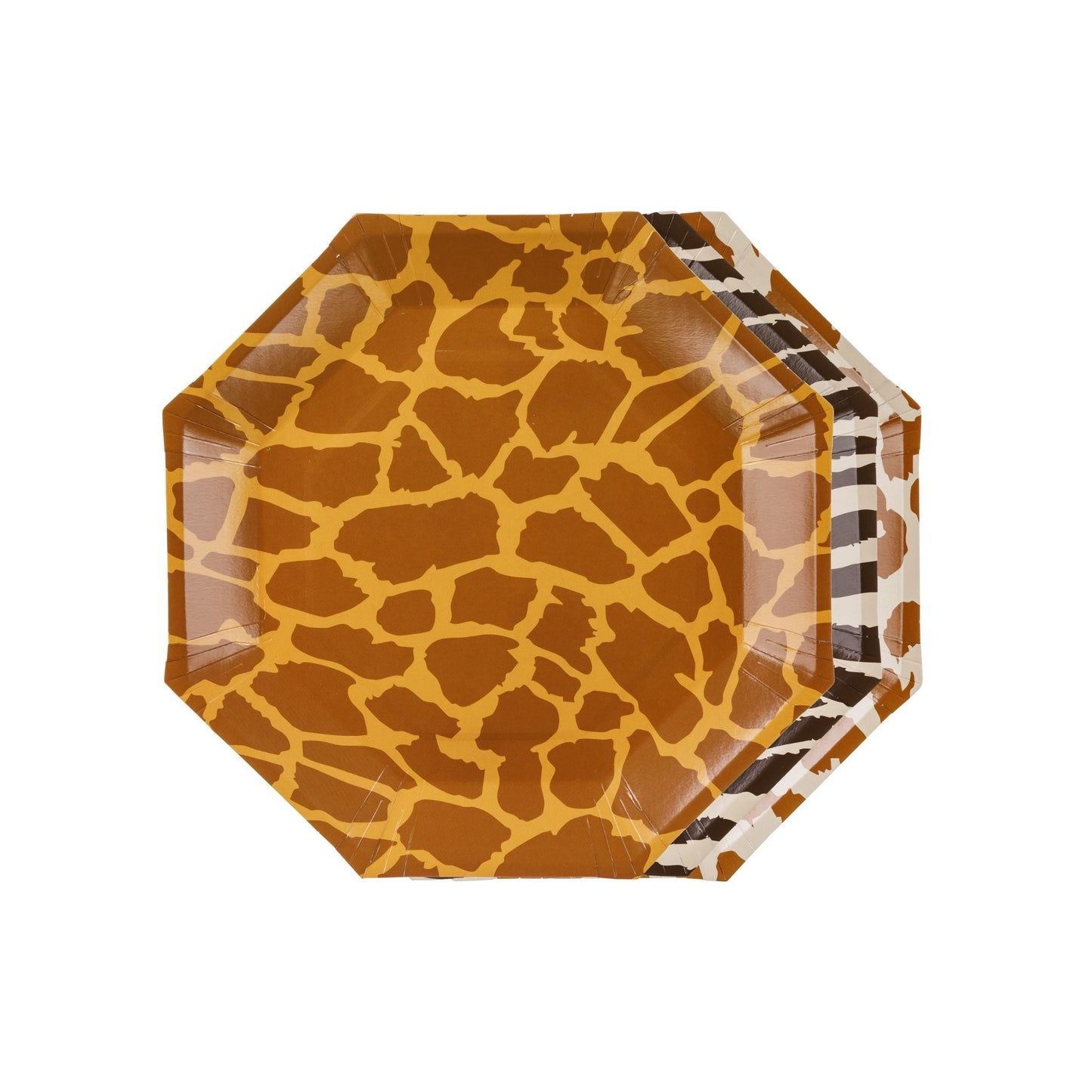 Hexagonal paper plate with giraffe pattern on a white background