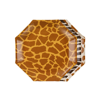 Hexagonal paper plate with giraffe pattern on a white background