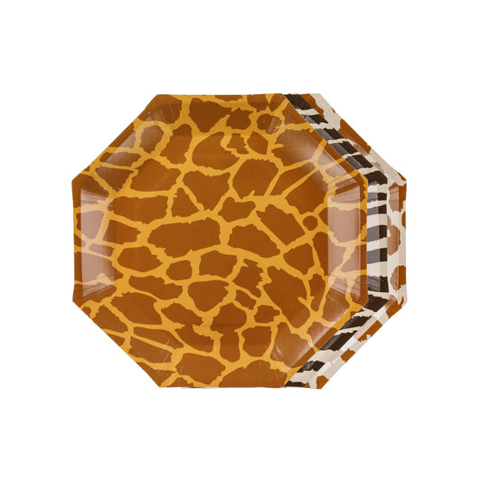 Hexagonal paper plate with giraffe pattern on a white background
