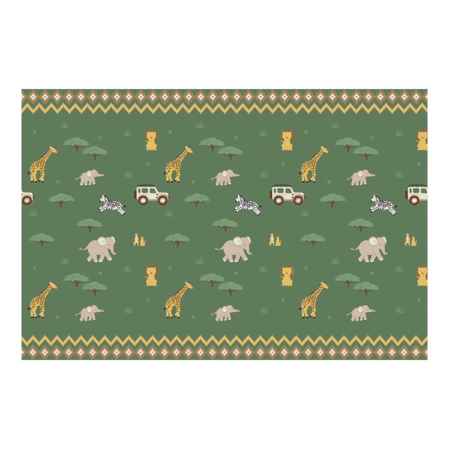 Patterned paper with safari animals and vehicles on a green background