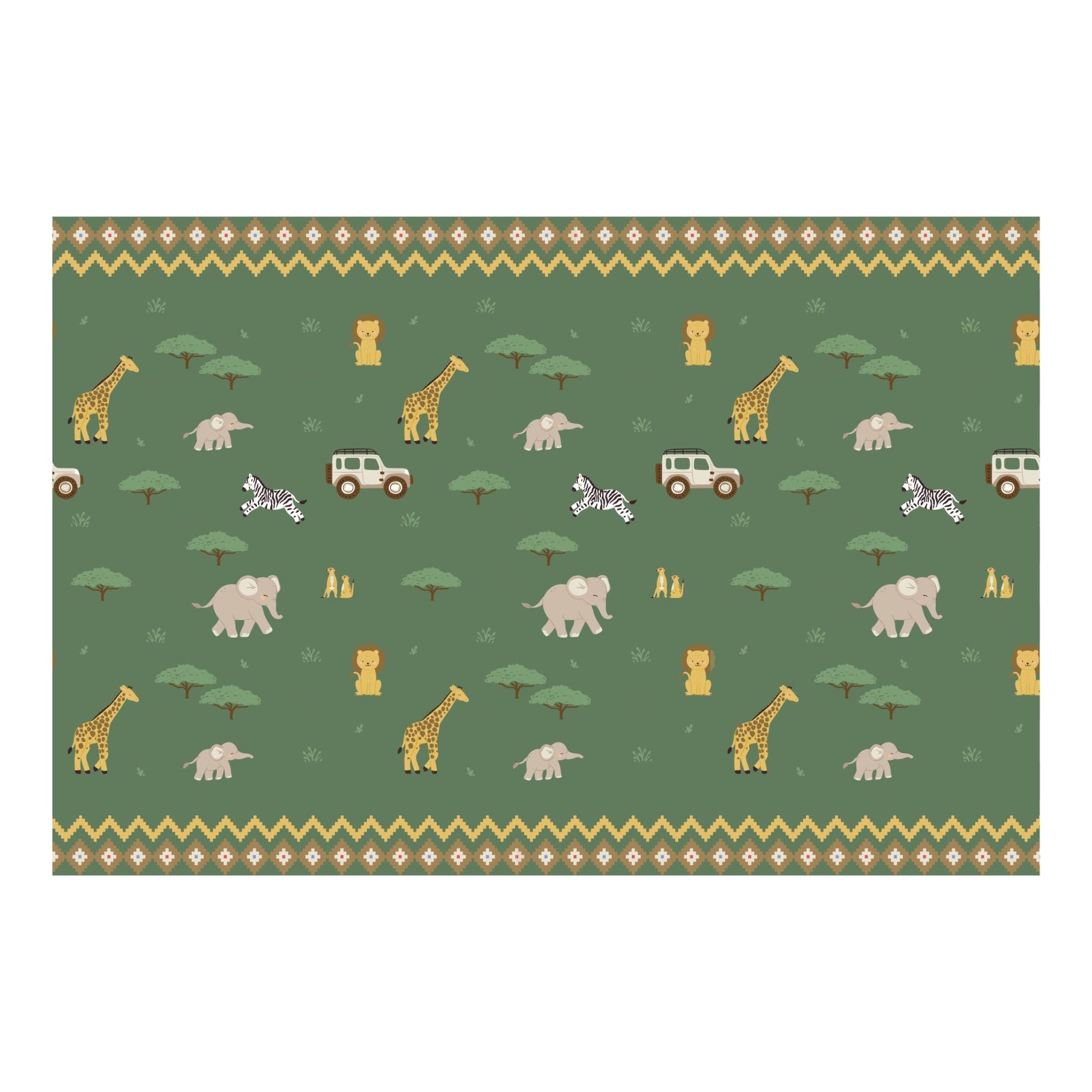 Patterned paper with safari animals and vehicles on a green background