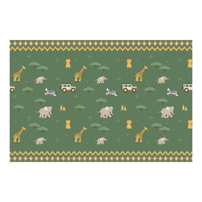 Patterned paper with safari animals and vehicles on a green background