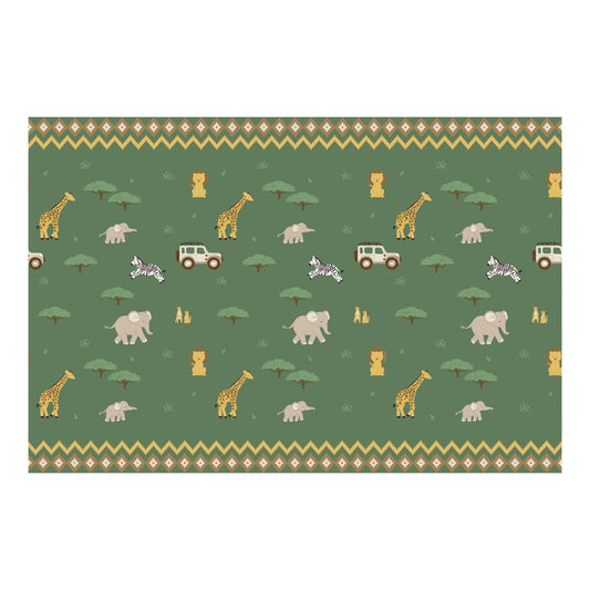 Patterned paper with safari animals and vehicles on a green background