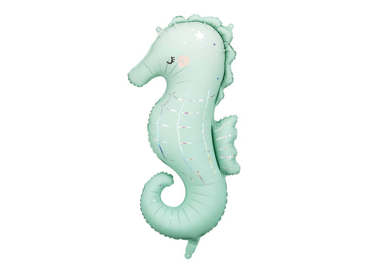 Mint green seahorse-shaped balloon on a white background
