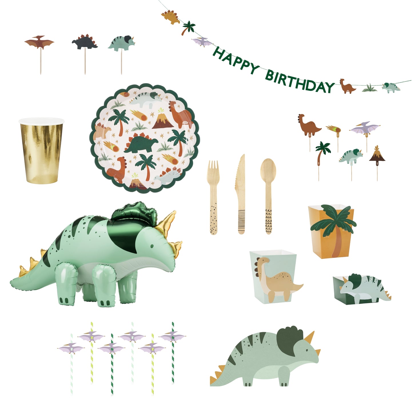 Dinosaur-themed party supplies including plates, cups, utensils, and decorations on a white background.