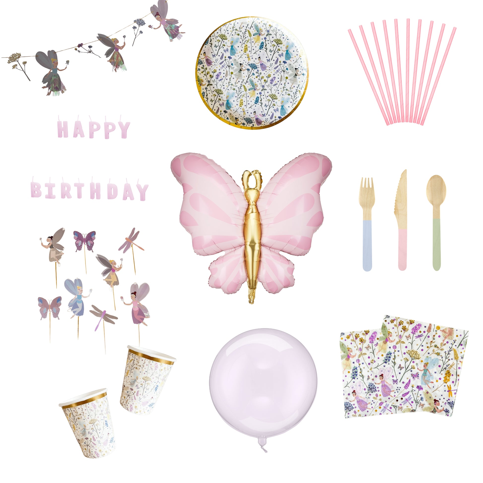 Collection of fairy-themed party supplies including cups, balloons, and decorations on a white background.