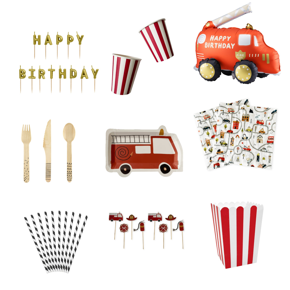 Collection of fire truck-themed birthday party supplies including cups, plates, napkins, striped straws and cutlery on a white background.