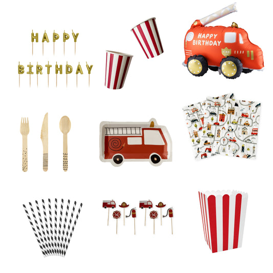 Collection of fire truck-themed birthday party supplies including cups, plates, napkins, striped straws and cutlery on a white background.