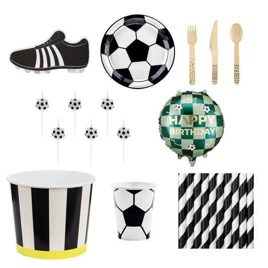 Collection of soccer-themed party supplies including plates, cups, balloons, and cutlery on a white background.