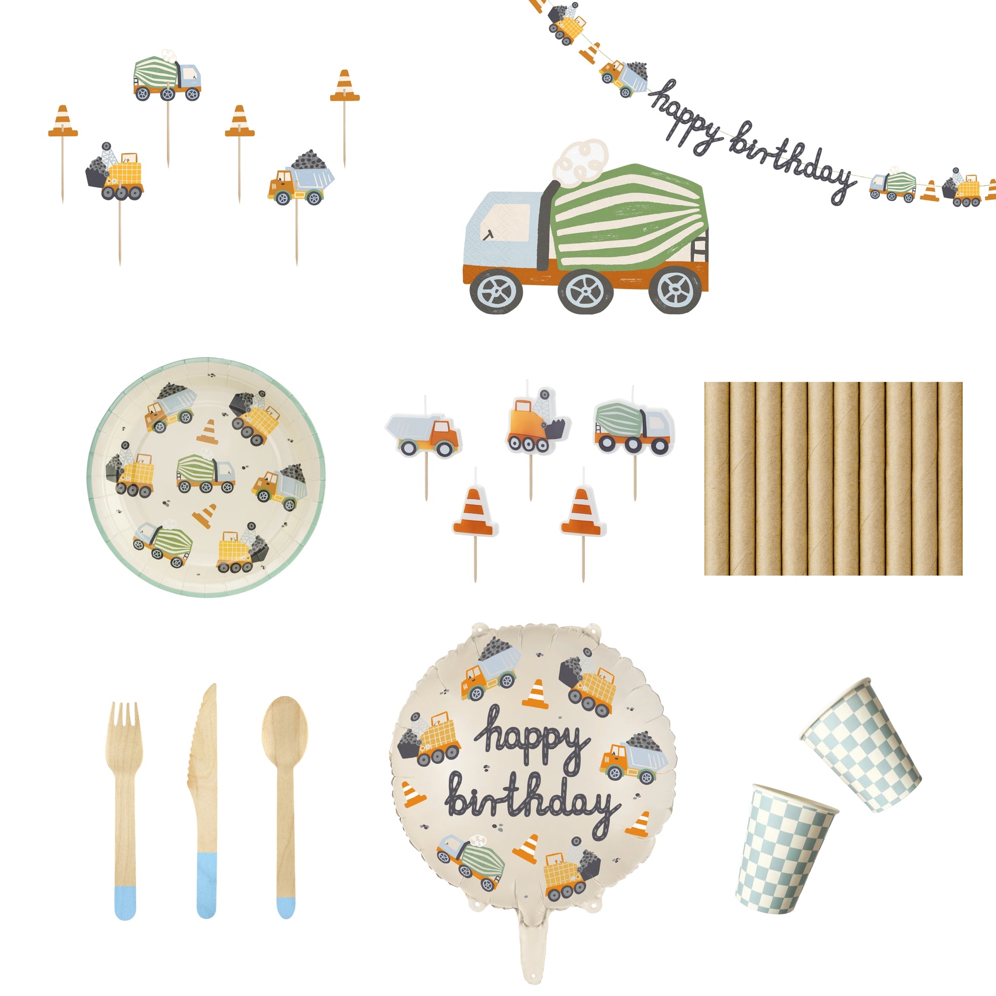 Small Little Builder Party Set with tableware, garland, candles