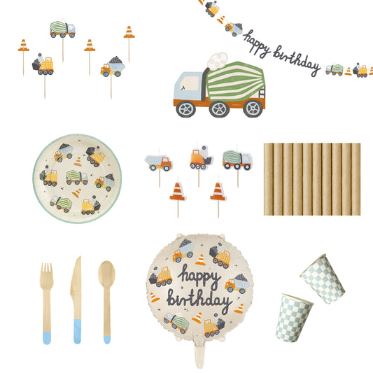 Small Little Builder Party Set with tableware, garland, candles
