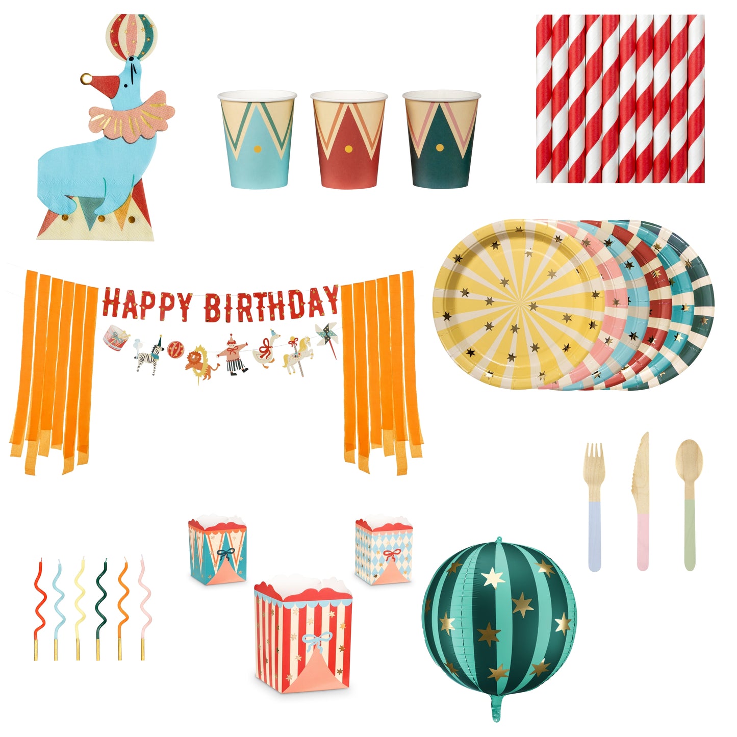 Circus-themed birthday party supplies including cups, straws, plates, and decorations on a white background.