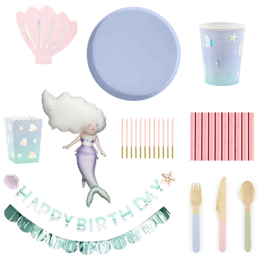 Mermaid themed party set with tableware, garland, balloon