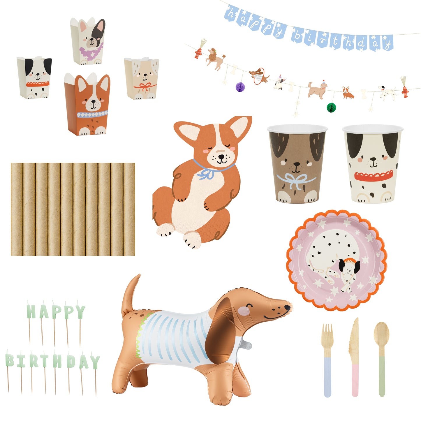 Collection of dog-themed party supplies including cups, straws, balloons, and utensils on a white background.