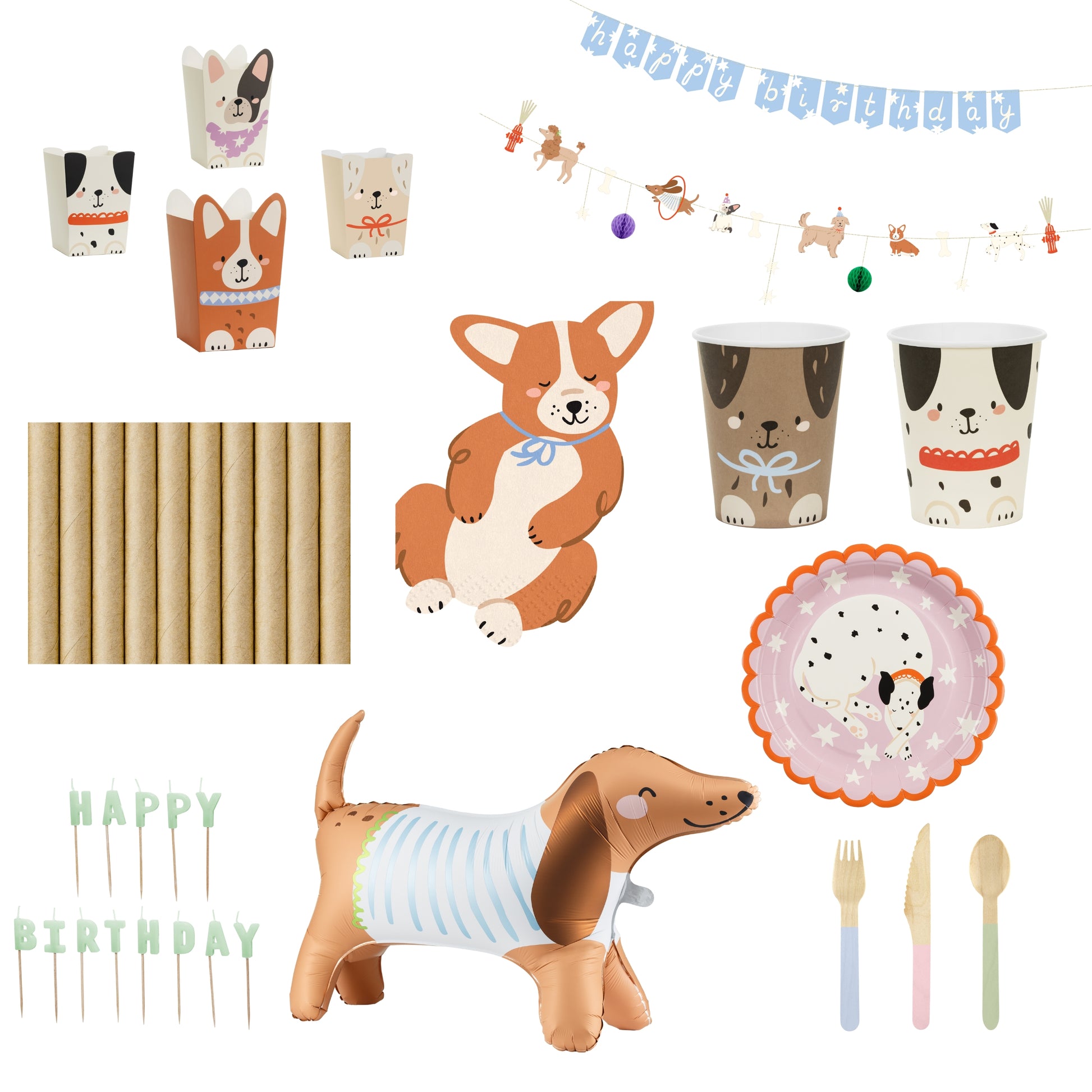 Collection of dog-themed party supplies including cups, straws, balloons, and utensils on a white background.