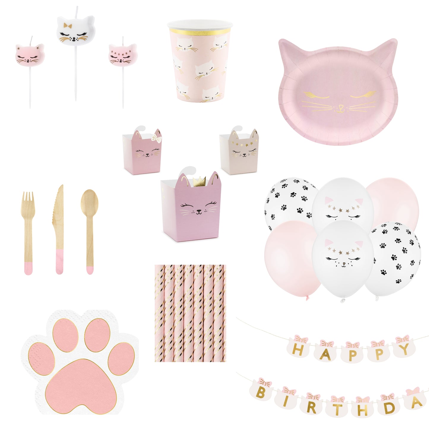 Collection of cat-themed party supplies including plates, cups, balloons, and utensils on a white background.