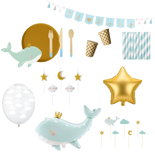 Collection of party supplies including balloons, plates, and decorations on a white background