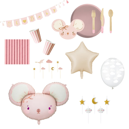 Collection of pink and white party supplies including balloons, cups, and decorations on a white background.