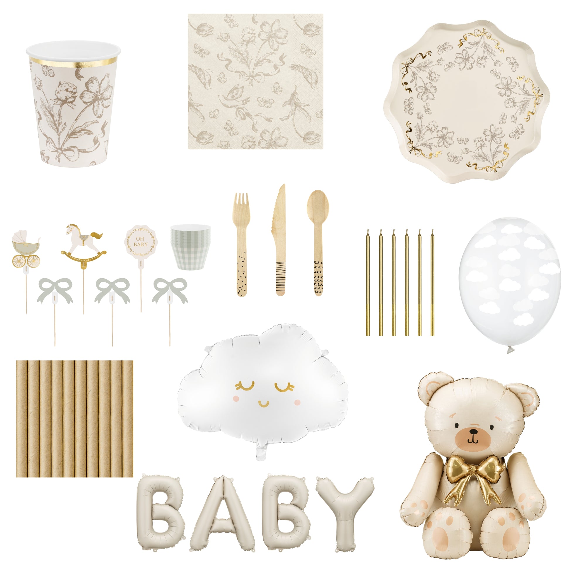 Collection of baby shower decorations including cups, plates, utensils, balloons, and a teddy bear.