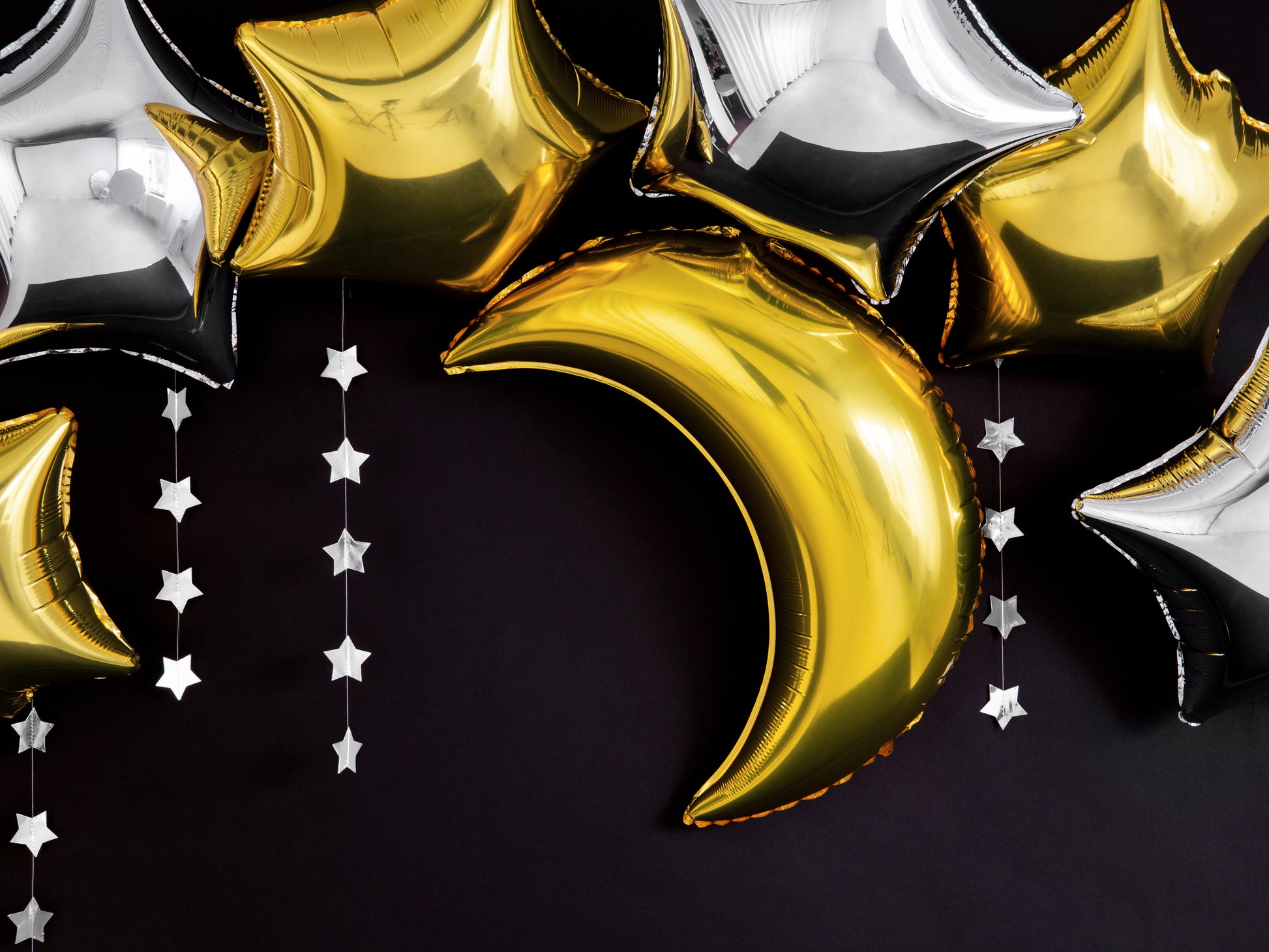 Gold crescent moon foil balloon, perfect for galaxy or space birthday party