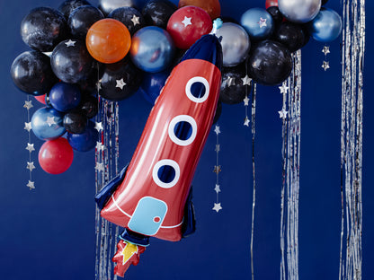 Red rocket foil balloon for space birthday or rocket party decor
