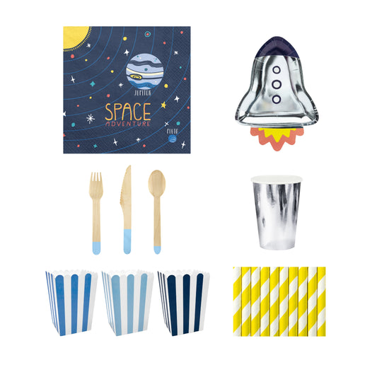 Space-themed party supplies including cutlery, cups, and a rocket-shaped plate on a white background.