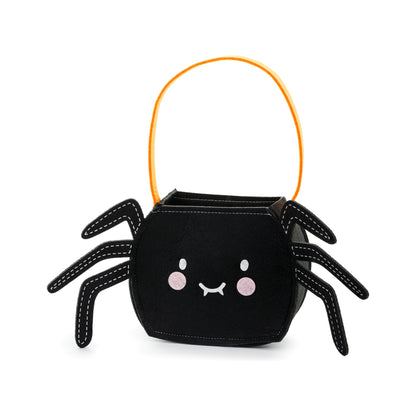 Black spider-shaped Halloween candy bucket with a yellow handle on a white background