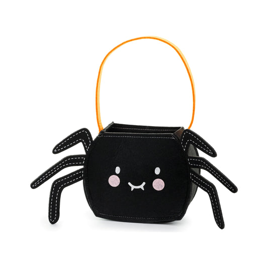 Black spider-shaped Halloween candy bucket with a yellow handle on a white background