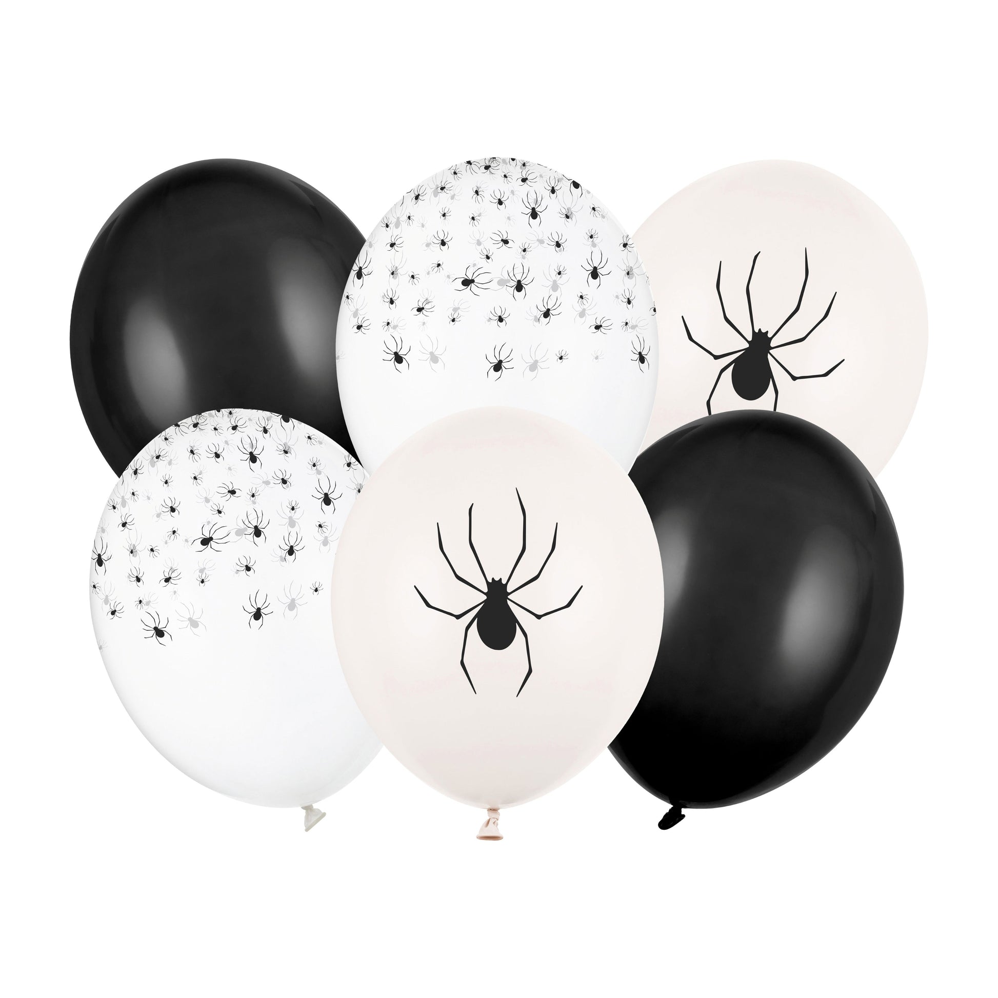 Halloween-themed balloons with spider designs on a white background