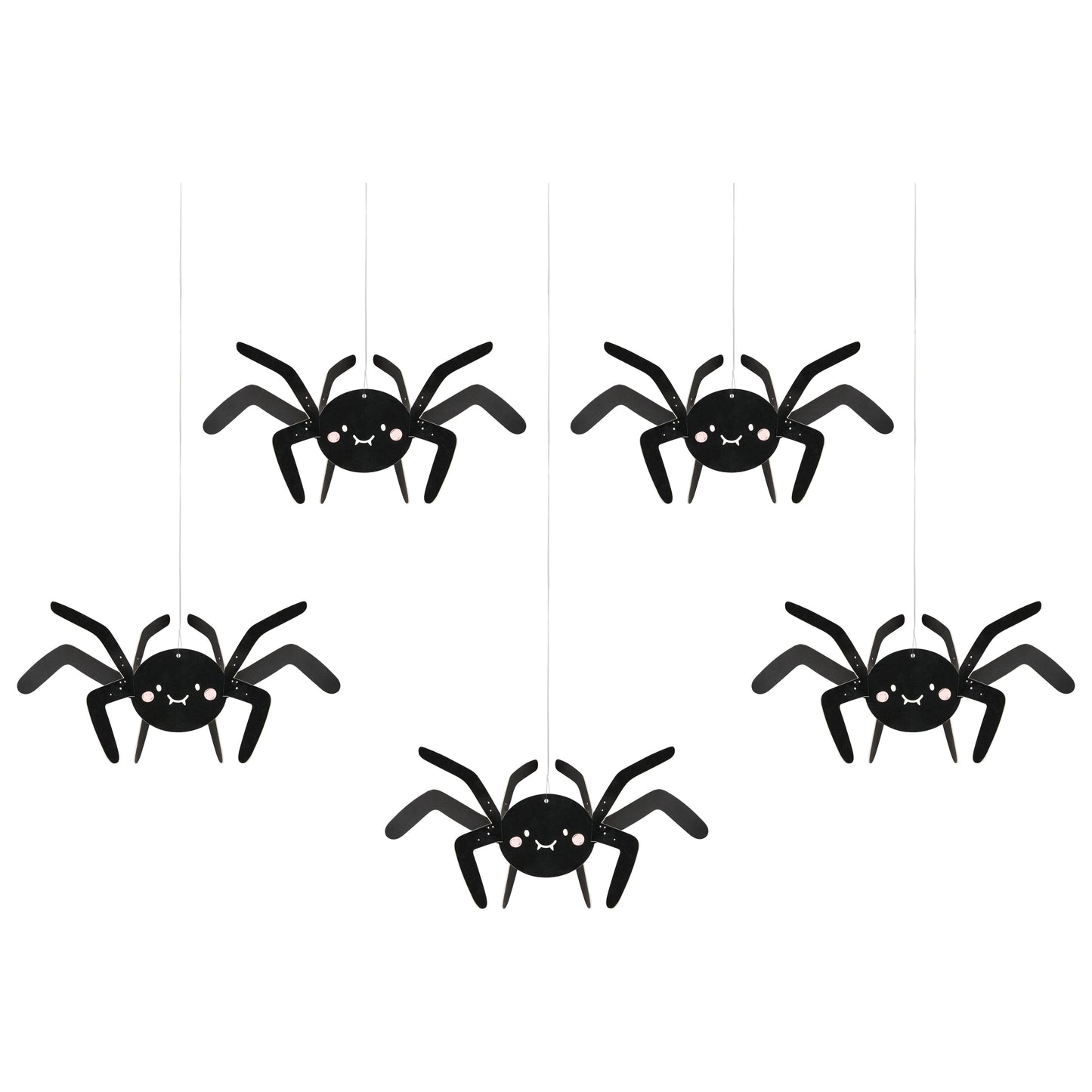 Set of six black spider decorations on a white background