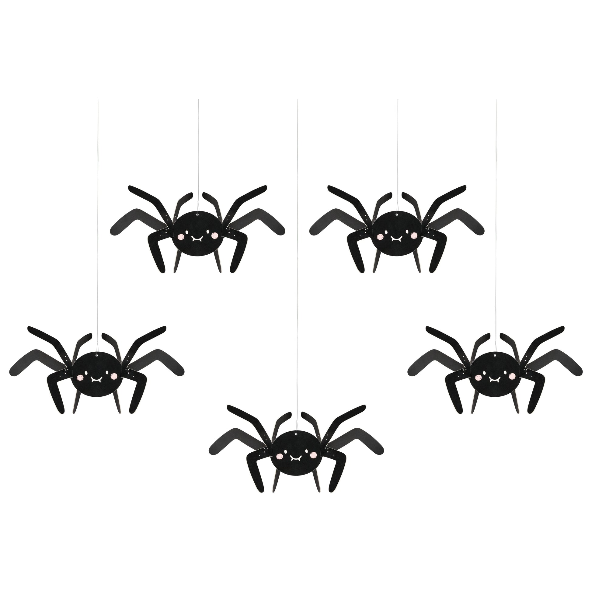 Set of six black spider decorations on a white background