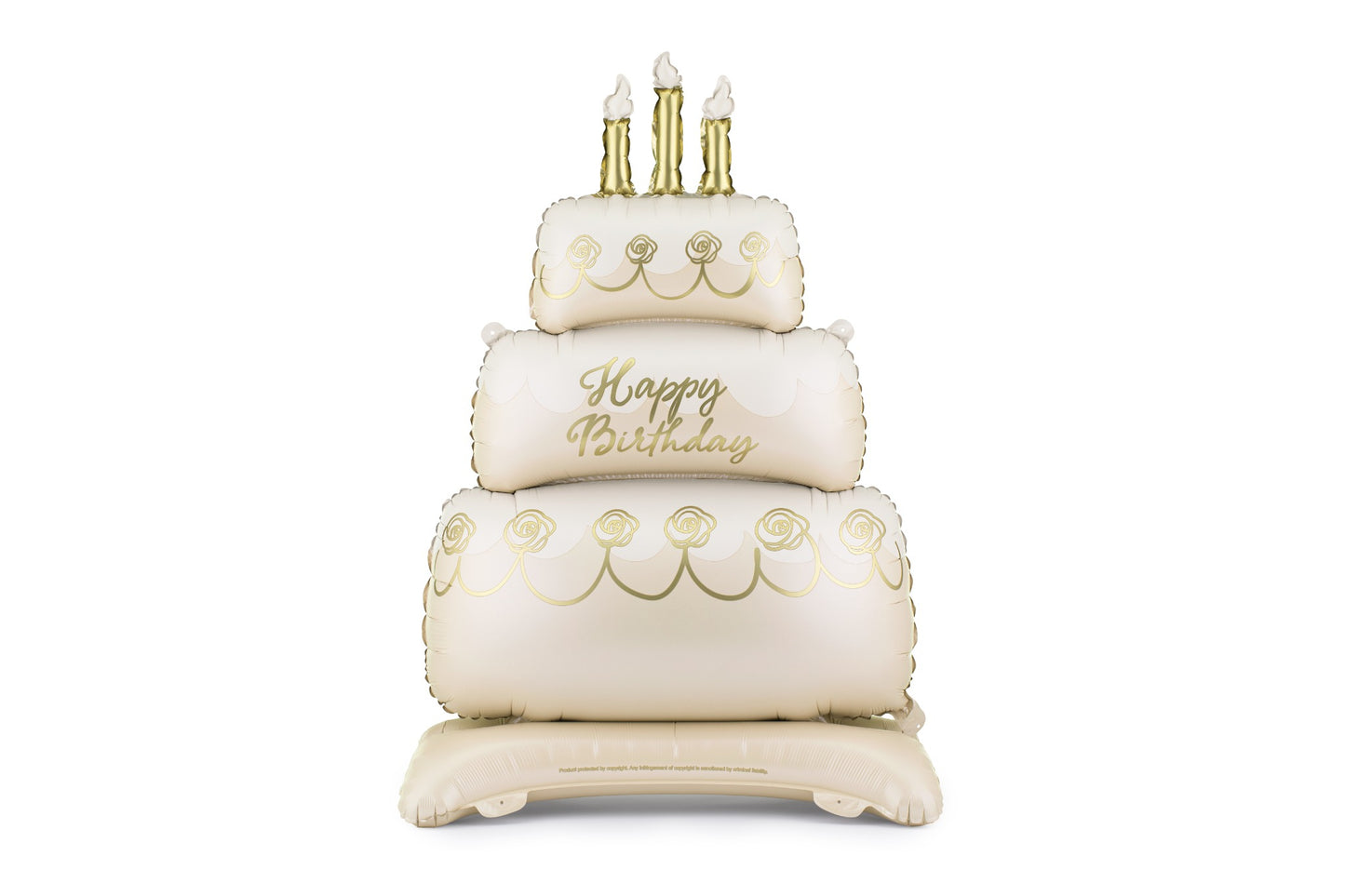 Inflatable birthday cake with candles on a white background