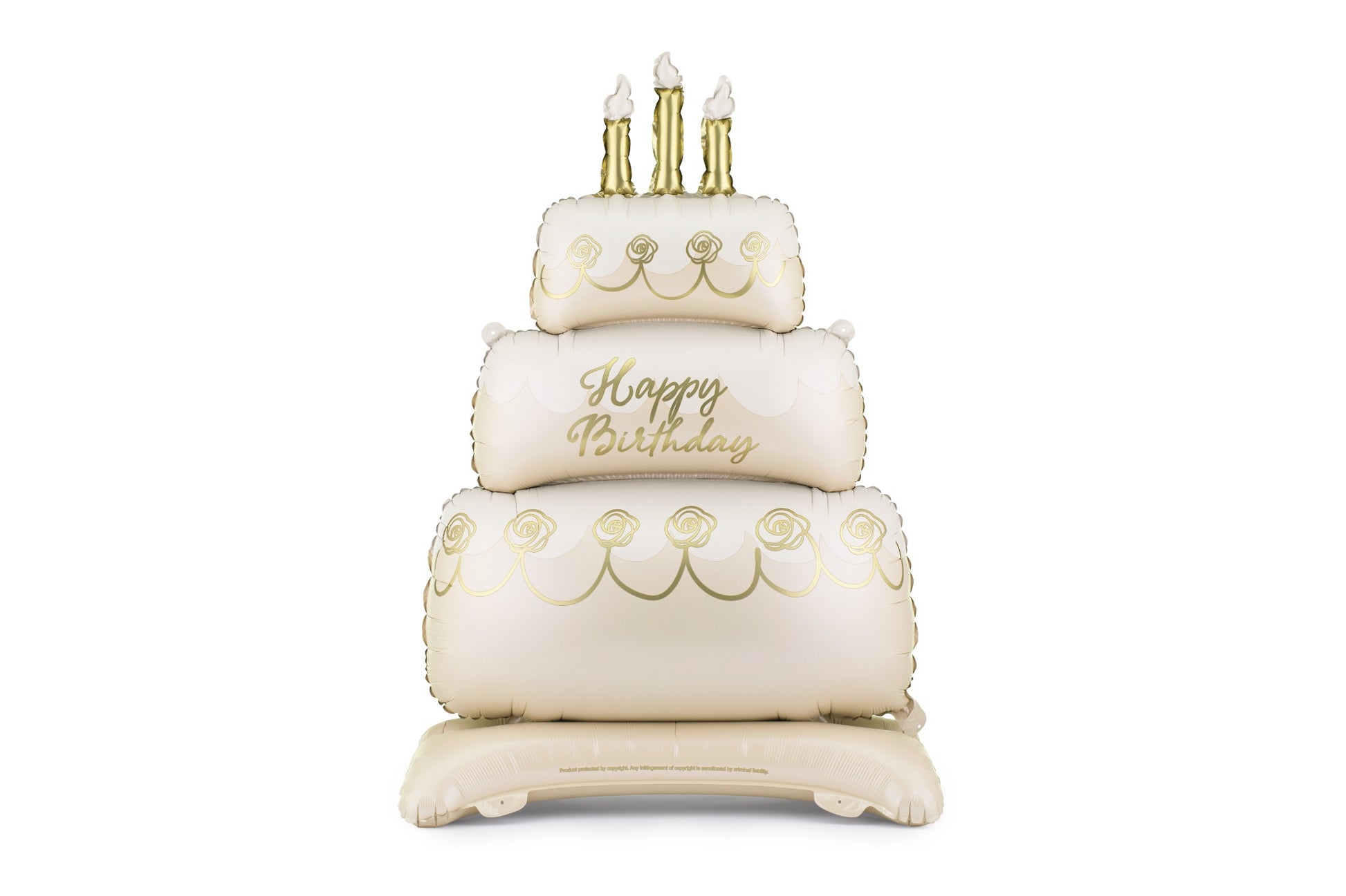 Inflatable birthday cake with candles on a white background
