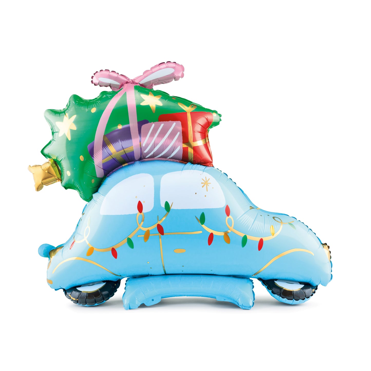  festive balloon shaped like a blue car with a green tree and presents on top